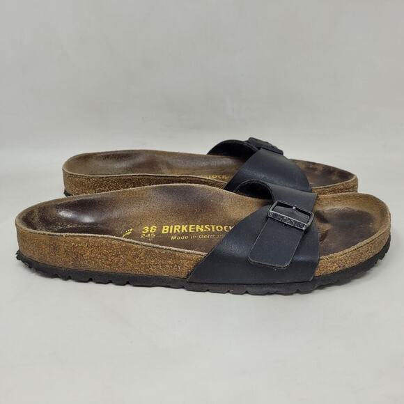 Birkenstock Sandals EU38 US7 Madrid Black Birko-Flor Slip On Slides Adjustable - Picture 2 of 10